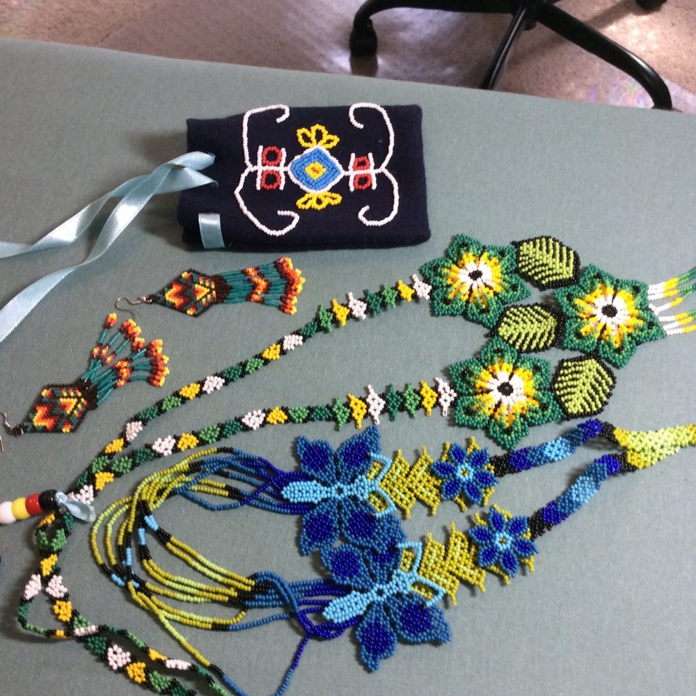 Novelty beaded necklaces and earrings. Blue, Green, Yellow